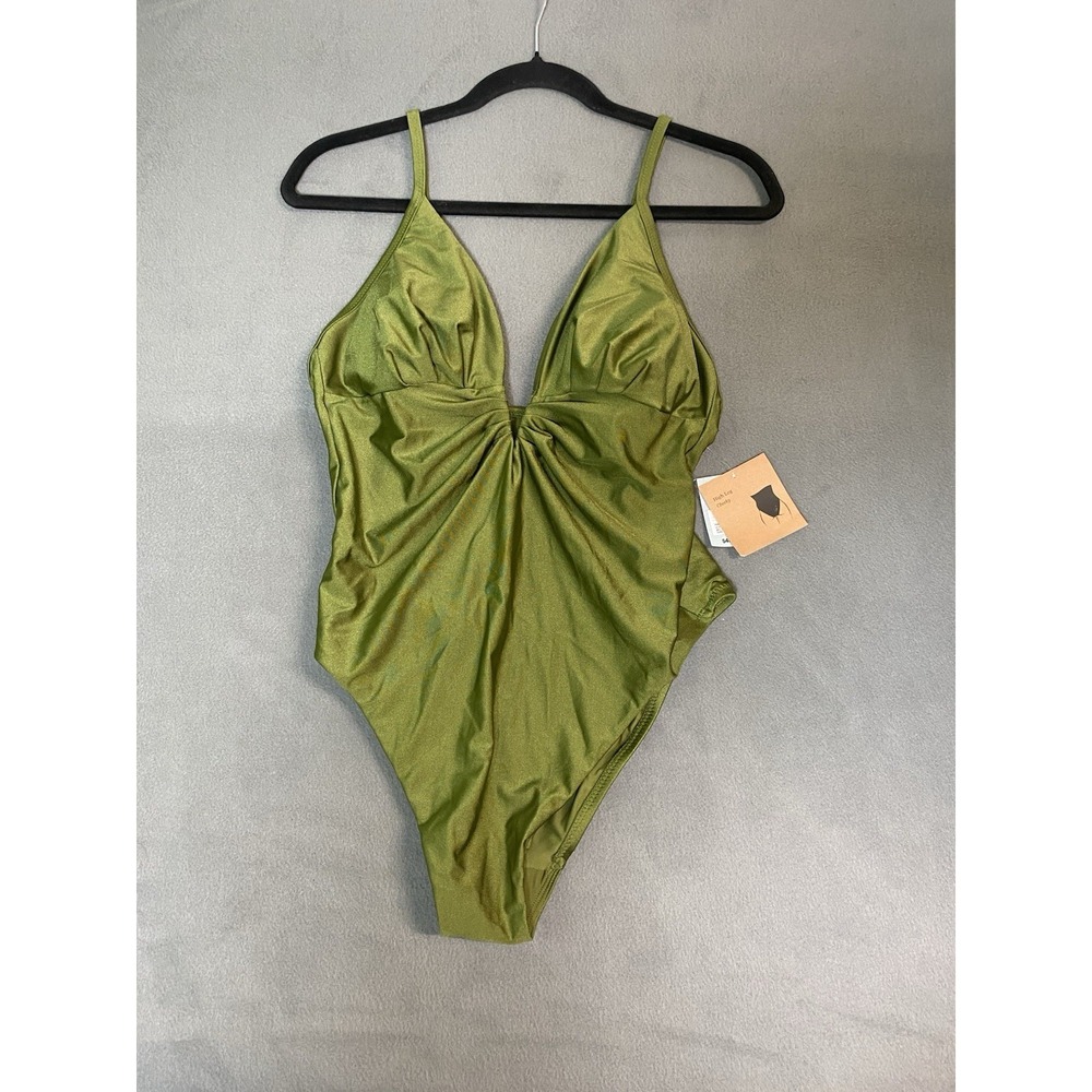 New! Women's L(12/14) Olive Green Deep V  Cheeky One Piece Swimsuit Euro Vacay